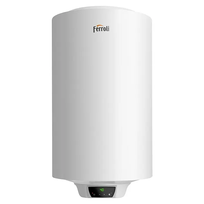 Ferroli Termo eléctrico Tiber B 50 - 50 l, 1.500 W, Montaje en la pared - Un calentador de agua Ferroli blanco con pantalla digital. Práctico y eficiente para las necesidades de agua caliente doméstica.