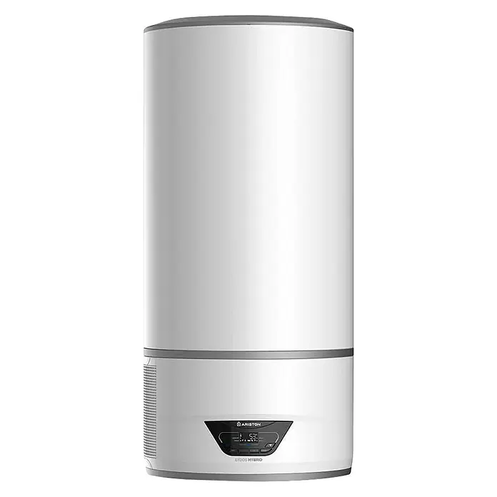 Ariston Aerotermo Lydos Hybrid Wifi - 100 l, 1.200 W - La imagen muestra un calentador de agua Ariston LYDOS HYBRID blanco, destacando su pantalla digital y el borde gris.