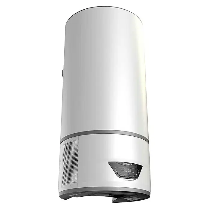 Ariston Aerotermo Lydos Hybrid Wifi - 100 l, 1.200 W - Un calentador de agua Ariston blanco con pantalla digital. Diseño compacto para un suministro eficiente de agua caliente.