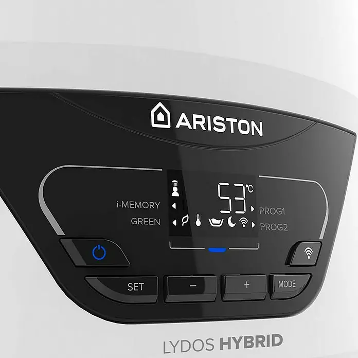 Termo eléctrico con depósito de recogida de condensados - 100 l, 1.200 W, Montaje en la pared - Primer plano del panel de control del calentador de agua Ariston LYDOS HYBRID, con pantalla digital y controles fáciles de usar.