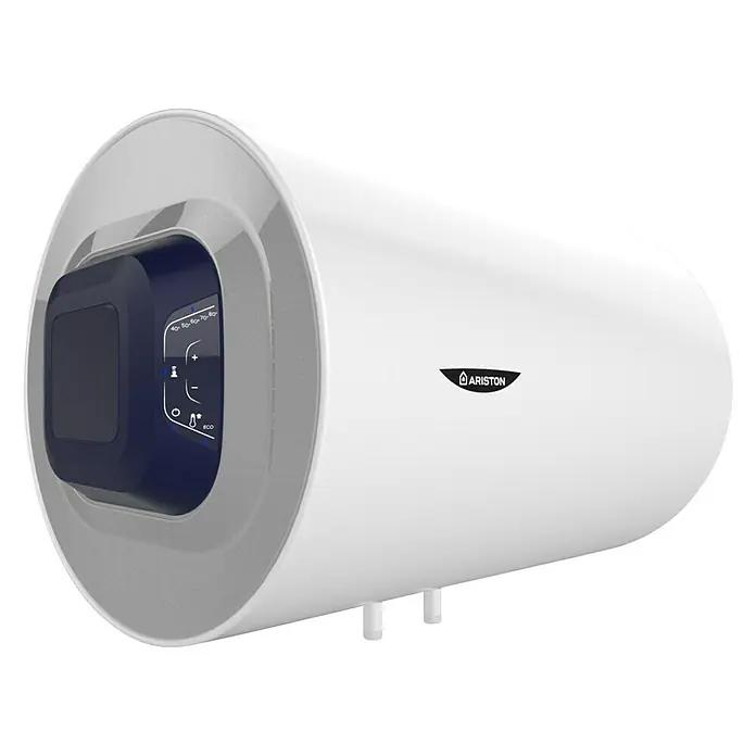 Ariston Termo eléctrico Blu1 Eco H 100 - 95 l, 1.500 W - Primer plano de un calentador de agua Ariston. El aparato es cilíndrico y blanco con un panel de control azul en el lateral.