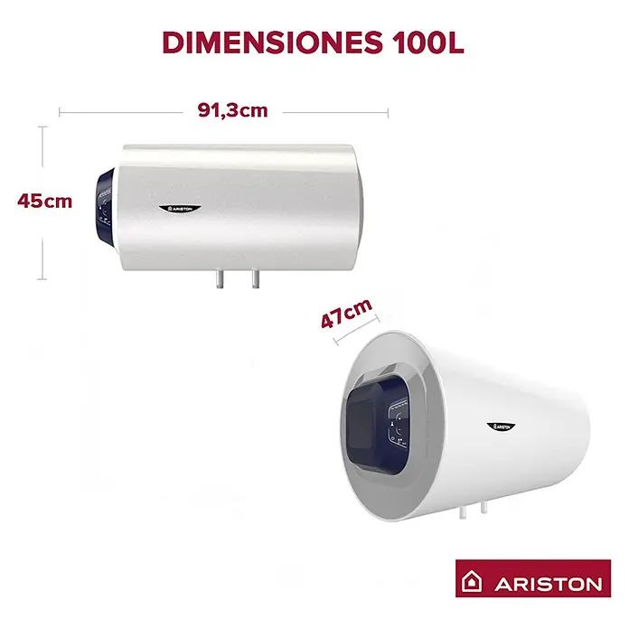 Ariston Termo eléctrico Blu1 Eco H 100 - 95 l, 1.500 W - Imagen de un calentador de agua Ariston 100L con dimensiones de longitud y diámetro indicadas.