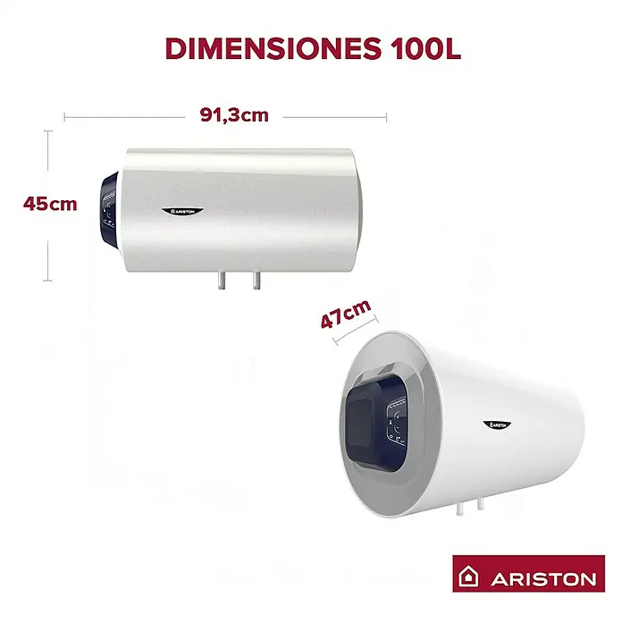 Ariston Termo eléctrico Blu1 Eco H 100 - 95 l, 1.500 W - Imagen de un calentador de agua Ariston 100L con dimensiones de longitud y diámetro indicadas.