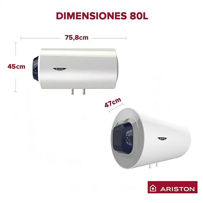 Ariston Termo eléctrico Blu1 Eco H 80 - 75 l, 1.500 W - Ilustración de un calentador de agua Ariston de 80L con dimensiones: altura (45 cm), longitud (75,8 cm) y diámetro (47 cm).