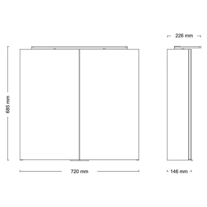 Camargue LED-Spiegelschrank Vela - B x H: 72 x 68,5 cm, Holz, Weiß - Technische Zeichnung eines Spiegelschranks mit Abmessungen.