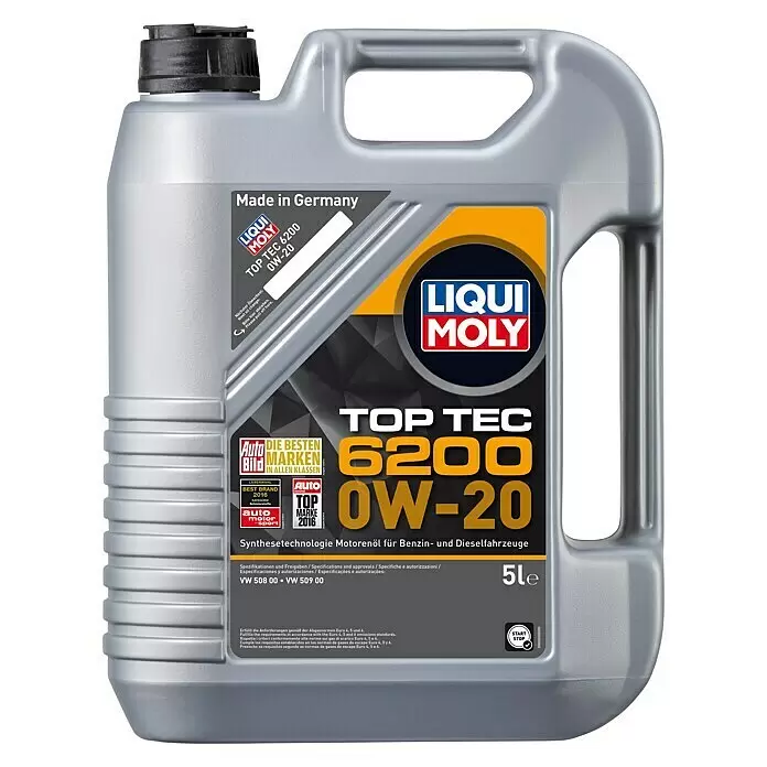 Liqui Moly Aceite para motor ligero Top Tec 6200 - 0W-20, 5 l - Garrafa de plástico gris de aceite de motor sintético Liqui Moly TOP TEC 6200 0W-20 (5 litros) para vehículos gasolina y diésel.