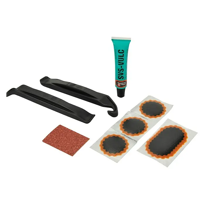 Tip-Top Fahrrad-Flickzeug - 9 -tlg. - Ein Reifenreparaturset mit zwei Reifenhebern, Schleifpapier, Flickzeug und Vulkanisationslösung, ideal für Fahrradreparaturen unterwegs.