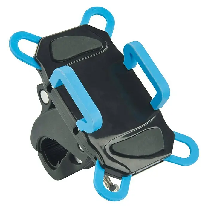 Fischer Smartphone-Halter - Passend für: Smartphones Breite 10 - 100 cm, 360 ° drehbares Gehäuse - Detailaufnahme einer Fahrradhalterung für ein Smartphone mit blauem Clip und schwarzem Gehäuse zur Befestigung am Lenker.