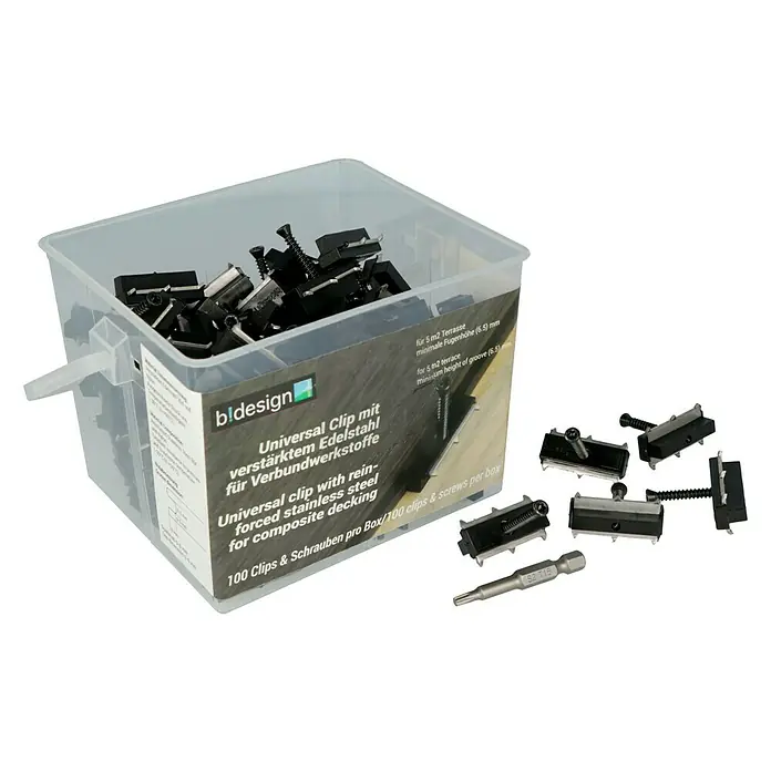 b!design Universal-Terrassen-Clip - 100 Stk. - Dose mit Universal Clips aus Edelstahl für Verbundwerkstoffe mit Schrauben, geeignet für 5 m² Terrassen.
