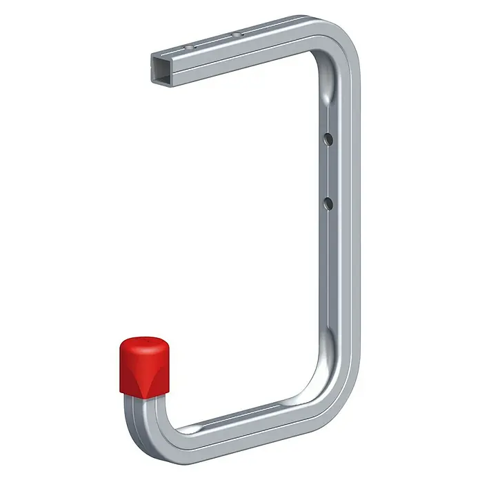 Wandhaken Typ 6 - L x H: 160 x 115 mm, Belastbarkeit: 30 kg - Eine Nahaufnahme eines silbergrauen Fahrradträgers mit einer roten Schutzkappe an der unteren Ecke.