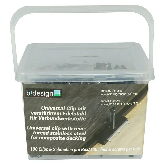 b!design Universal-Terrassen-Clip - 100 Stk. - Ein Behälter mit Universal Clips mit verstärktem Edelstahl für Verbundwerkstoffe zum Verlegen von Terrassendielen.