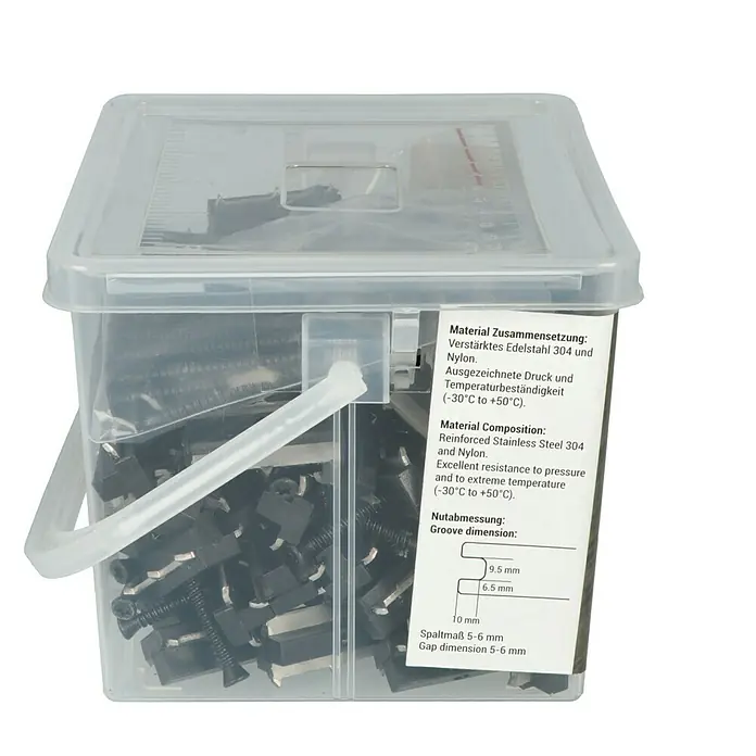 b!design Universal-Terrassen-Clip - 100 Stk. - Dose mit Befestigungselementen aus verstärktem Edelstahl 304 und Nylon, druck- und temperaturbeständig.