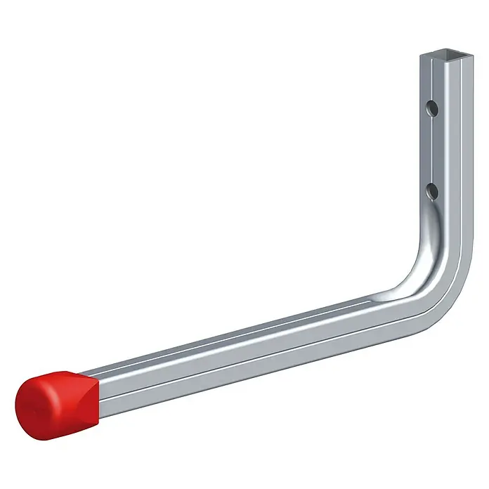 Wandhaken Typ 1 - L x H: 175 x 80 mm, Belastbarkeit: 15 kg - Nahaufnahme eines silbernen Wandhakens mit einer roten Gummiabdeckung am Ende, ideal für die Garage oder den Keller zur Aufbewahrung.