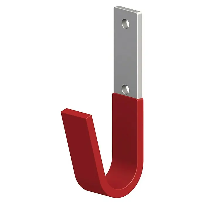 Universalhaken - B x H: 35 x 82 mm, Traglast: 90 kg - Roter J-Haken mit einer Metallschiene und zwei Löchern. Ideal zum Aufhängen von Gegenständen in Garagen, Werkstätten oder Häusern.