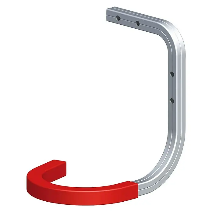 Kantoflex Coaxis Wand- & Decken-Fahrradhaken - L x B x H: 150 x 120 x 150 mm, Rot/Silber - Nahaufnahme eines robusten, silbernen Wandhakens mit rotem Schutzüberzug am unteren Ende, ideal für die sichere Aufbewahrung von Gegenständen.