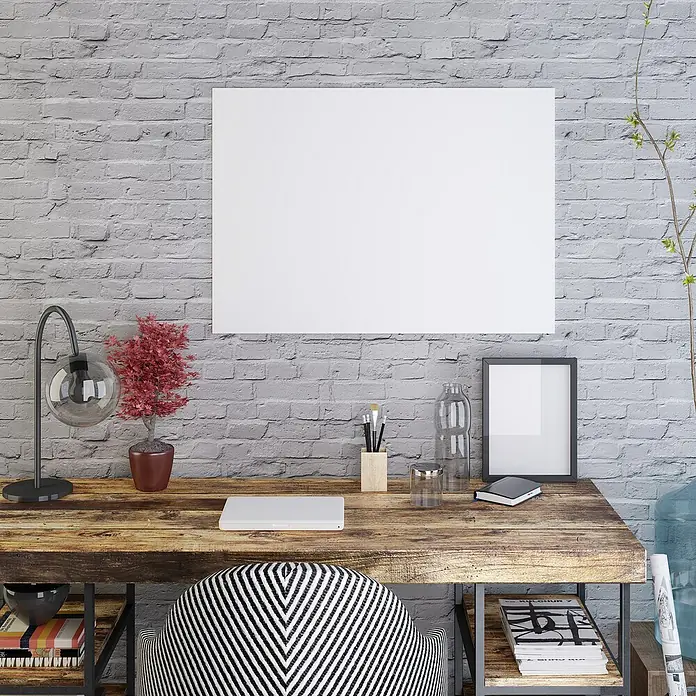 Tablero de madera maciza Tarugo - Abeto rojo, L x An x Es: 200 cm x 38 cm x 50 mm, Anchura resultante: 30 cm - 38 cm - Elegante espacio de trabajo con un escritorio moderno, una lámpara y un lienzo blanco en la pared. ¡Ideal para mentes creativas!