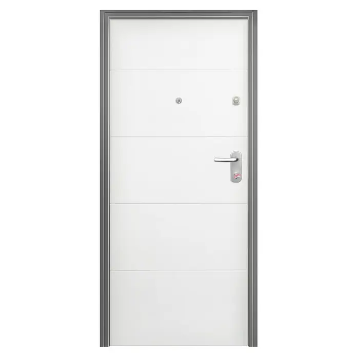 Solid Elements Puerta de entrada interior - 80 x 204 cm, Izquierda, Blanco lacado 400, Acorazada - Puerta blanca moderna con detalles horizontales y herrajes plateados, ideal para espacios contemporáneos.