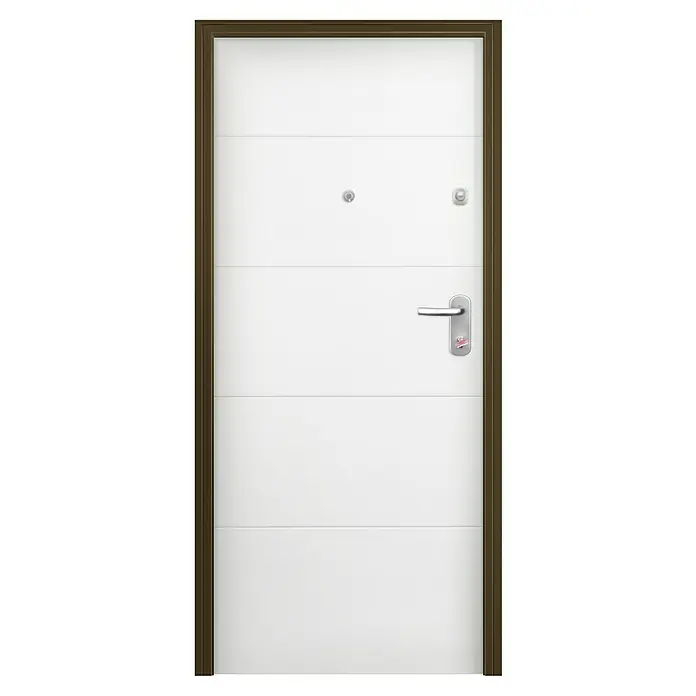 Solid Elements Puerta de entrada interior - 80 x 204 cm, Izquierda, Sapelly/Blanco lacado 400, Acorazada - Primer plano de una puerta de entrada blanca con marco marrón, manija, mirilla y agujero.