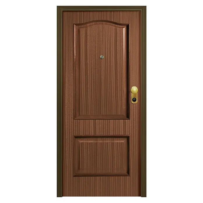 Solid Elements Puerta de entrada interior - 80 x 204 cm, Izquierda, Provenzal Sapelly, Acorazada - Imagen de producto de una puerta de madera con un diseño elegante y un pomo dorado. La puerta presenta una hermosa veta y una construcción duradera.