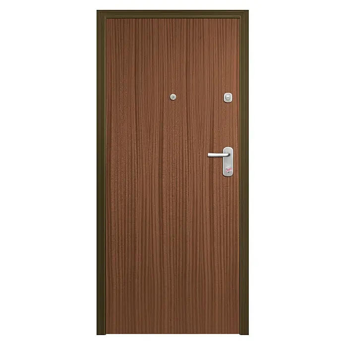 Solid Elements Puerta de entrada interior - 80 x 204 cm, Izquierda, Provenzal Sapelly, Acorazada - Puerta marrón con marco dorado, mirilla, botón de timbre y manija plateada para garantizar una entrada segura y elegante.
