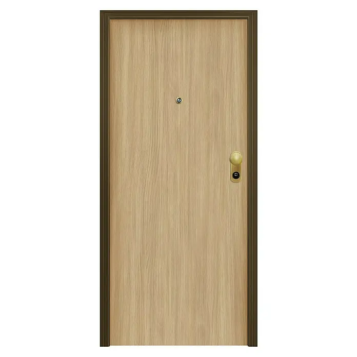 Solid Elements Puerta de entrada interior - 80 x 204 cm, Izquierda, Roble/Blanco lacado 400, Acorazada - Primer plano de una puerta de madera clara con mirilla y pomo dorado, enmarcada en un marco oscuro.