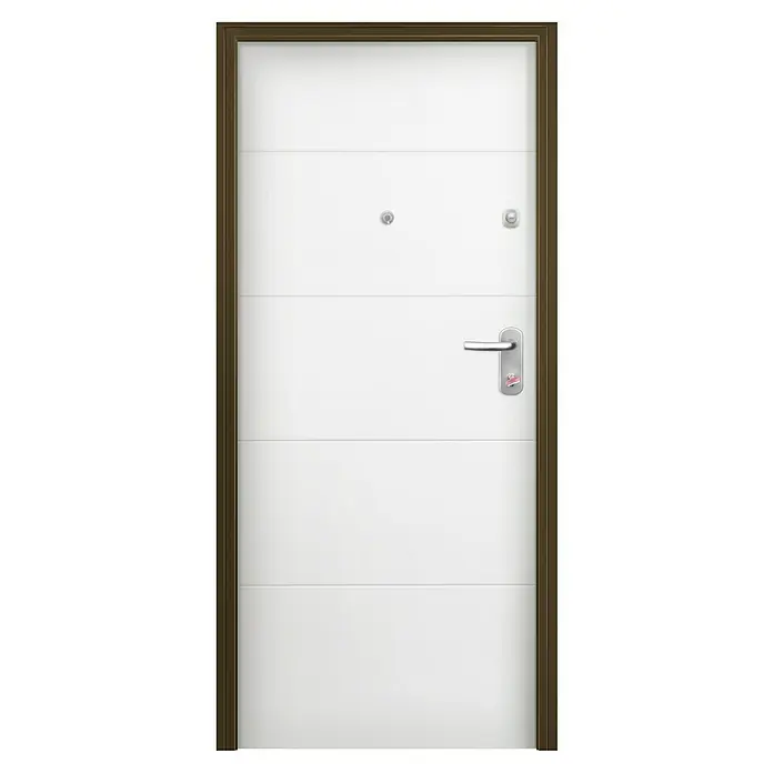 Solid Elements Puerta de entrada interior - 80 x 204 cm, Izquierda, Roble/Blanco lacado 400, Acorazada - Elegante puerta blanca con paneles horizontales y marco marrón. Una manija moderna y una mirilla complementan el diseño de esta robusta puerta.