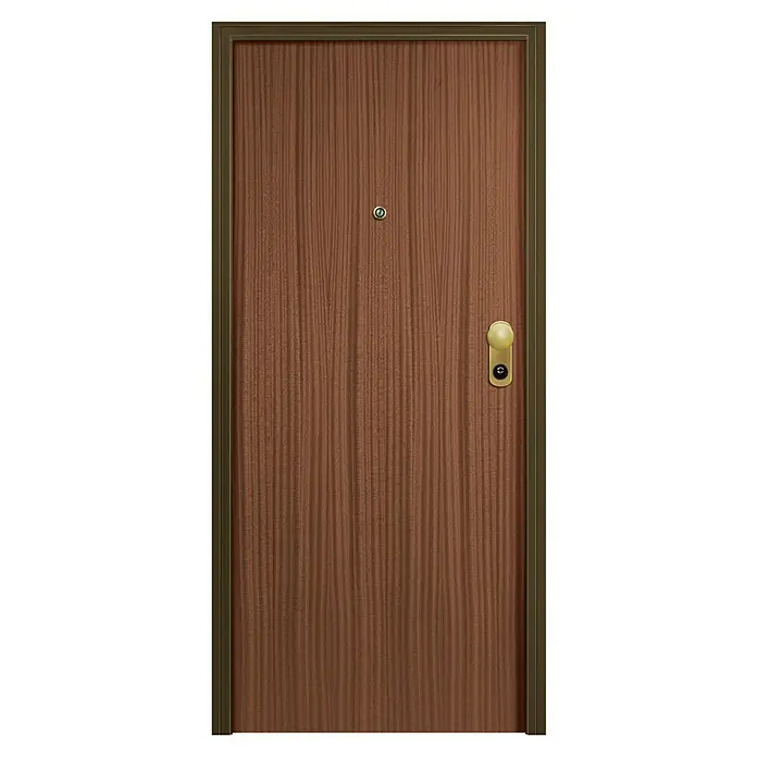 Solid Elements Puerta de entrada interior - 80 x 204 cm, Izquierda, Sapelly/Blanco lacado 100, Acorazada - Puerta de madera marrón con mirilla y pomo dorado.