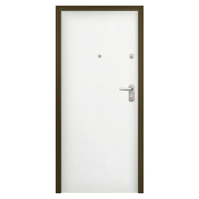 Solid Elements Puerta de entrada interior - 80 x 204 cm, Izquierda, Sapelly/Blanco lacado 100, Acorazada - Una puerta blanca moderna con marco marrón, mirilla y manija plateada. El diseño es sencillo y elegante.