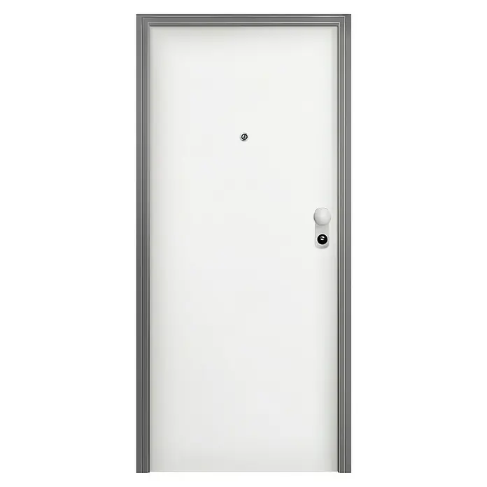 Solid Elements Puerta de entrada interior - 80 x 204 cm, Izquierda, Blanco lacado 100, Acorazada - Una puerta blanca moderna con un elegante marco gris, un mirilla y un tirador minimalista, que combina seguridad con un diseño elegante.