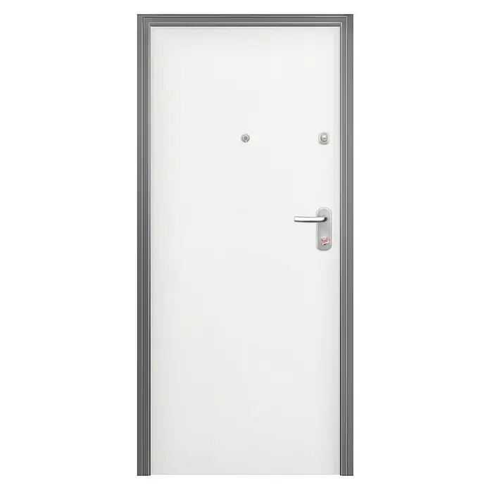 Solid Elements Puerta de entrada interior - 80 x 204 cm, Izquierda, Blanco lacado 100, Acorazada - Un primer plano vertical de una puerta de seguridad blanca, enmarcada en gris, con una mirilla y un tirador con una etiqueta roja.