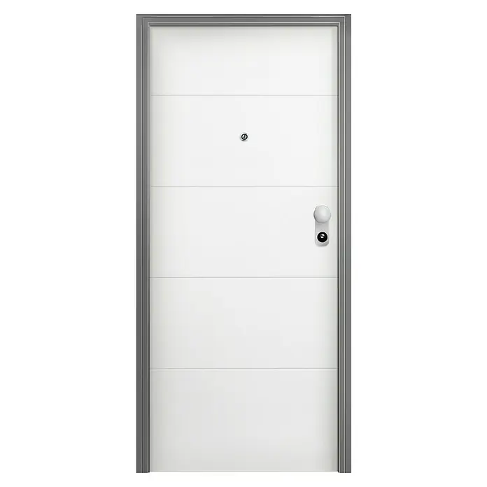 Solid Elements Puerta de entrada interior - 80 x 204 cm, Izquierda, Blanco lacado 400, Acorazada - Puerta principal blanca con líneas horizontales, mirilla y pomo moderno, enmarcada en gris. Una entrada segura y moderna para cualquier hogar.