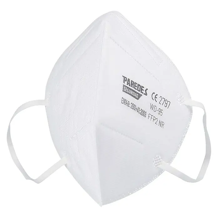 Mascarilla de protección respiratoria - FFP2 NR, 2 ud. - Primer plano de una mascarilla respiratoria blanca PAREDES FFP2 NR, diseñada para brindar protección contra partículas. Certificada según EN149:2001+A1:2009.