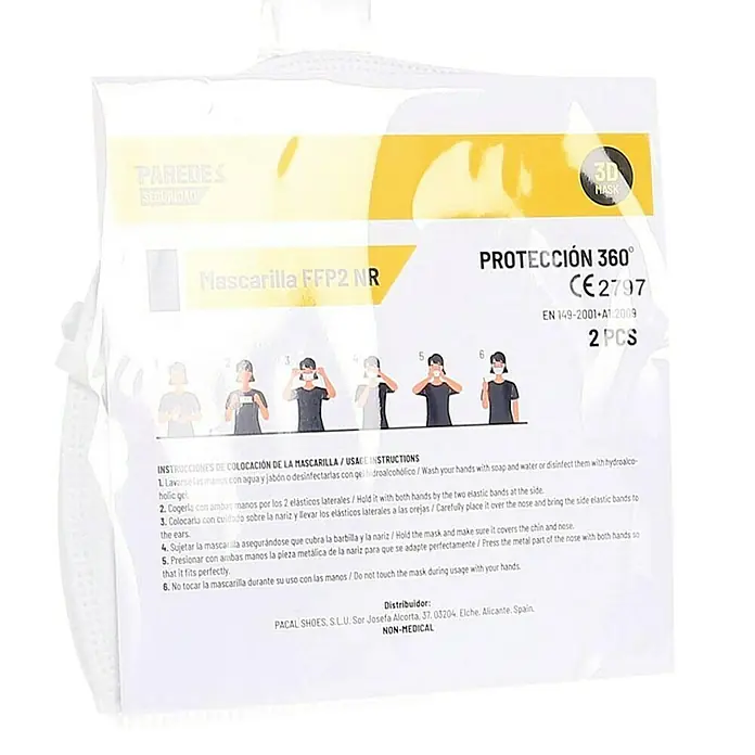 Mascarilla de protección respiratoria - FFP2 NR, 2 ud. - Paquete de mascarilla FFP2 NR de Paredes Seguridad, con instrucciones para su correcta colocación.