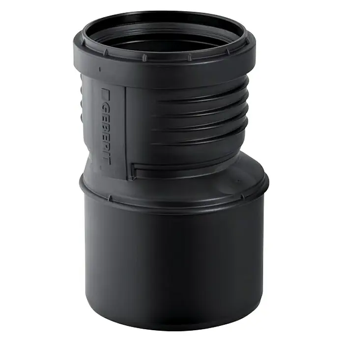 Geberit Silent PP-Übergangsrohr - Nennweite: DN 100/70 - Abflussrohr-Übergangsstück in Schwarz mit dem Geberit-Logo für Sanitärinstallationen.