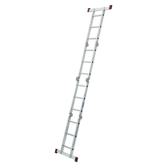 Krause Corda Mehrzweckleiter Set - Anzahl Tritte: 12 Stk., Arbeitshöhe: 4,4 m, Belastbarkeit: 150 kg, Aluminium - Eine ausziehbare Aluminiumleiter mit roten Endkappen ist auf einem weißen Hintergrund dargestellt. Das vielseitige Werkzeug für Höhe.