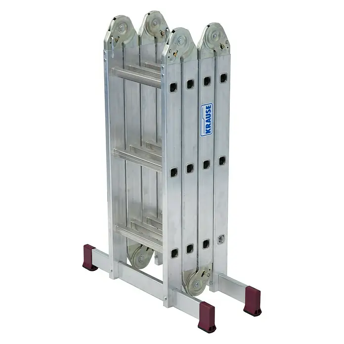 Krause Corda Mehrzweckleiter Set - Anzahl Tritte: 12 Stk., Arbeitshöhe: 4,4 m, Belastbarkeit: 150 kg, Aluminium - Bild einer zusammengeklappten Krause-Mehrzweckleiter aus Aluminium mit roten Fußkappen, ideal für vielseitige Einsätze im Haushalt.
