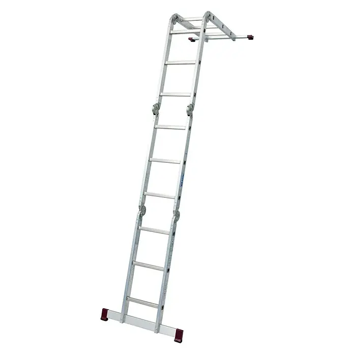 Krause Corda Mehrzweckleiter Set - Anzahl Tritte: 12 Stk., Arbeitshöhe: 4,4 m, Belastbarkeit: 150 kg, Aluminium - Eine silberfarbene Mehrzweckleiter mit rotem Gummifuß steht auf einem weißen Hintergrund.