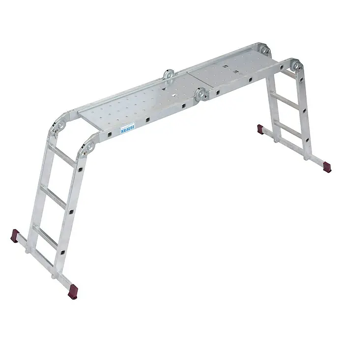 Krause Corda Mehrzweckleiter Set - Anzahl Tritte: 12 Stk., Arbeitshöhe: 4,4 m, Belastbarkeit: 150 kg, Aluminium - Das Bild zeigt eine Krause Arbeitsbühne in A-Form, ideal für Handwerker und Heimwerker. Die Bühne ist aus Aluminium gefertigt.