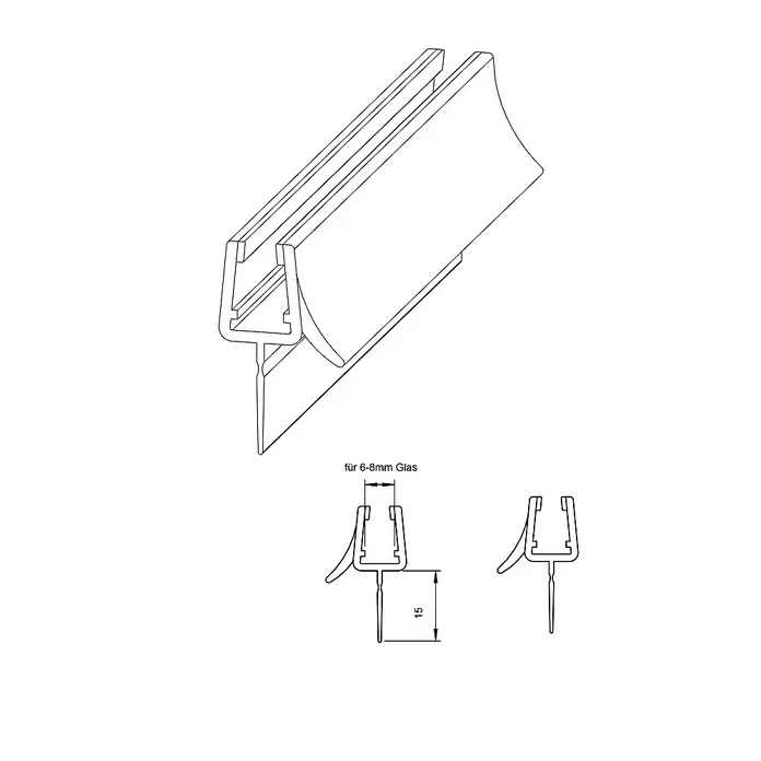 Camargue Air Wasserabweisprofil - Kunststoff, Transparent - Die Abbildung zeigt eine Duschdichtung für 6–8 mm Glas mit einer Länge von 15 mm. Ideal zum Abdichten von Duschkabinen.