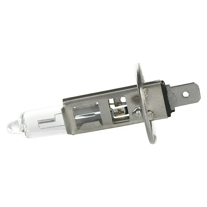Bosch Bombilla para faro delantero Plus 90 - 12 V, 1 ud. - Primer plano de una bombilla halógena H1 para faros, que muestra su filamento interno y su construcción precisa.