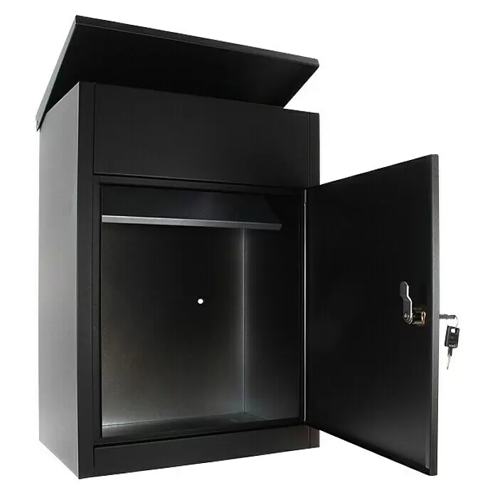 Rottner Paketbox Parcel Keeper - L x B x H: 25 x 38 x 53 cm, Schwarz, Edelstahl, Paketfach - Diagonale Ansicht