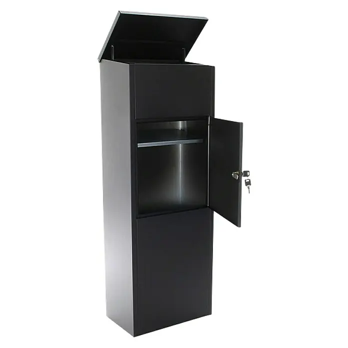 Rottner Paketbox Parcel Keeper - L x B x H: 23 x 38 x 105 cm, Schwarz, Edelstahl, Paketfach - Abgebildet ist ein Paketbriefkasten in Anthrazit mit geöffneter Tür und Klappe, ideal für die sichere Aufbewahrung von Sendungen.