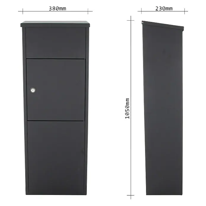 Rottner Paketbox Parcel Keeper - L x B x H: 23 x 38 x 105 cm, Schwarz, Edelstahl, Paketfach - Abbildung eines modernen Briefkastens mit den Maßen 380 mm Breite und 1170 mm Höhe.