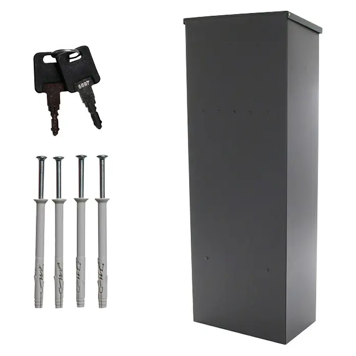 Rottner Paketbox Parcel Keeper - L x B x H: 23 x 38 x 105 cm, Schwarz, Edelstahl, Paketfach - Produktabbildung mit Schlüssel, Dübel und einem grauen Schrank. Geeignet für die sichere Aufbewahrung und Montage.
