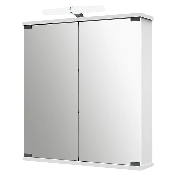 Camargue LED-Spiegelschrank Kyla - B x H: 60 x 69,4 cm, Holz, Weiß - Ein weißer Spiegelschrank mit zwei Türen und einer Lampe oben drauf, ideal für Badezimmer.