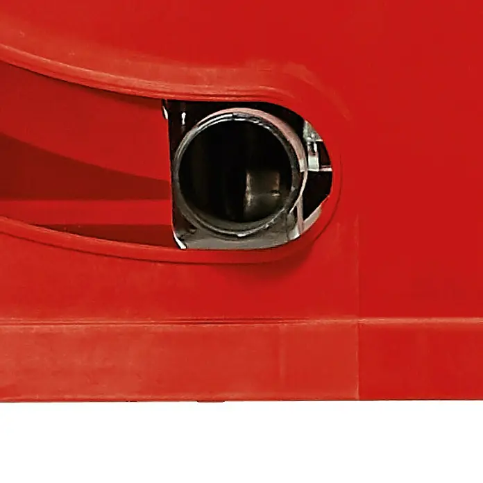 Einhell Sierra circular de mesa TC-TS 2225 U - 2.200 W, Diámetro hoja de sierra: 254 mm, Profundidad de corte a 90 °: 80 mm - Primer plano de un producto rojo con una salida redonda metálica, posiblemente un dispositivo industrial o de construcción.