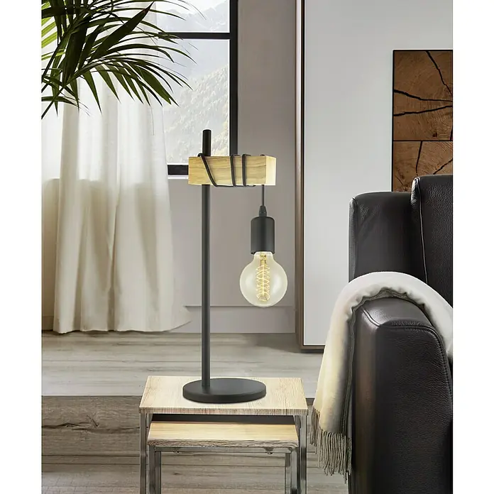 Eglo Townshend Tischleuchte - 10 W, L x B x H: 17,5 x 15,5 x 50 cm, Schwarz, Braun, E27 - Die moderne Holzbalken-Tischlampe mit freiliegender Glühbirne setzt einen stilvollen Akzent auf dem Beistelltisch.