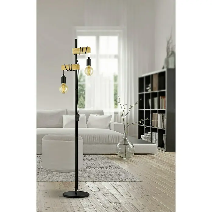 Eglo Townshend Stehleuchte - B x H: 25 x 166,5 cm, Schwarz, Braun - Diese Stehlampe ist mit ihrem Holz- und Metalldesign ein echter Hingucker. Die zwei Glühbirnen sorgen für ein warmes Licht.