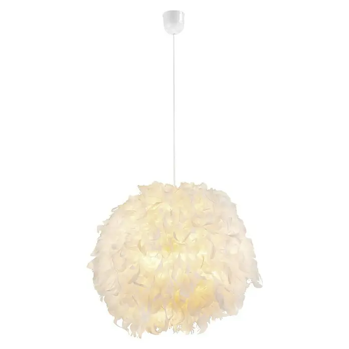 Globo Katunga Lámpara colgante - Diámetro: 600 mm, Altura: 1,3 m - Elegante lámpara colgante con plumas suaves y blancas que difunde una luz cálida y acogedora. Perfecta para espacios de vida con estilo.