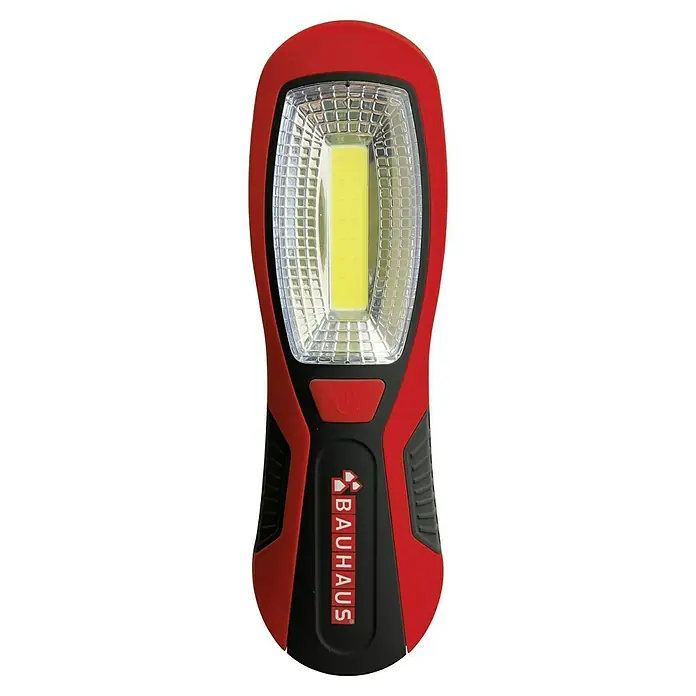BAUHAUS Taschenlampe - 200 x 35 x 60 mm, 200 lm, IP20 - Rote Bauhaus Arbeitsleuchte mit COB-LED, Schalter und Logo, ideal für Werkstatt und Baustelle, bietet helles Licht und zuverlässige Leistung.